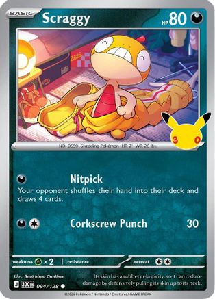 Scraggy 94/128 Holofoil [ME: 30th Celebration] Pokemon Single Pokémon