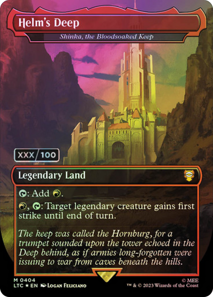 Helm's Deep - Shinka, the Bloodsoaked Keep (Serial Numbered) (LTC-404) [Tales of Middle-earth Commander] (Borderless) Foil MTG Single Wizards of the Coast