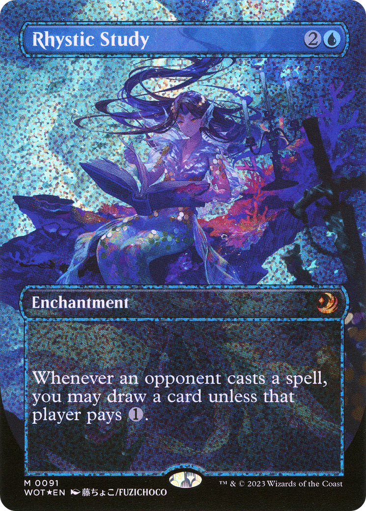 Rhystic Study (Anime Borderless) (Confetti Foil) (WOT-091) [Wilds of Eldraine: Enchanting Tales] (Borderless) Foil MTG Single Wizards of the Coast