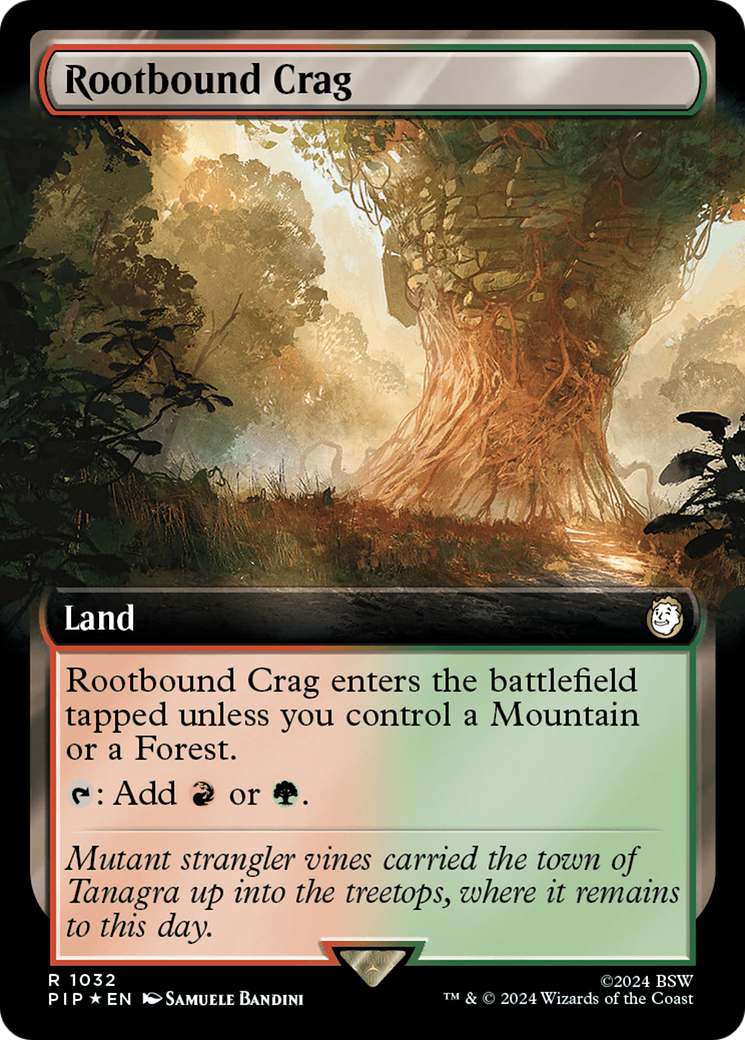 Rootbound Crag (Surge Foil) (PIP-1032) [Fallout] (Extended Art) Foil MTG Single Wizards of the Coast