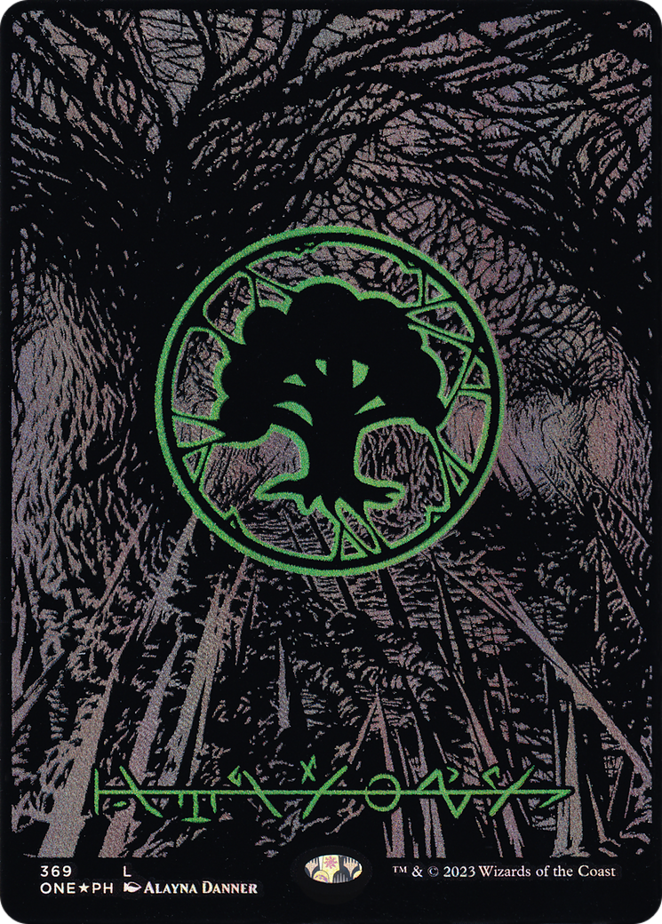 Forest (Phyrexian) - Full Art (Oil Slick Raised Foil) (ONE-369) [Phyrexia: All Will Be One] (Borderless) Foil MTG Single Wizards of the Coast