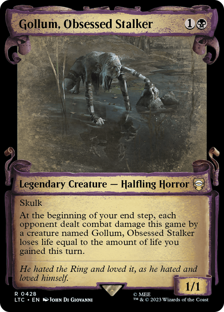 Gollum, Obsessed Stalker (Showcase Scrolls) (LTC-428) [Tales of Middle-earth Commander] (Showcase) Foil MTG Single Wizards of the Coast
