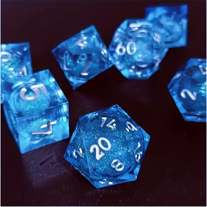 Seriously Good Dice: Liquid Core 7 Die Set "Rolling Quicksand" Blue w/ Silver Dice & Counters Taps Imports   