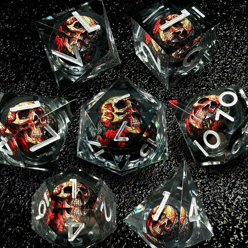 Seriously Good Dice: Liquid Core 7 Die Set "Decrative Floating Skull" Clear w/ Silver Dice & Gaming Accessories Taps Imports