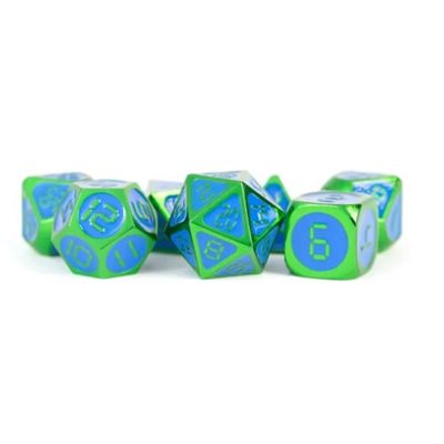Metallic Dice Games: Metal Dice Green w/ Blue Enamel 7-Die Set Dice & Gaming Accessories Metallic Dice Games