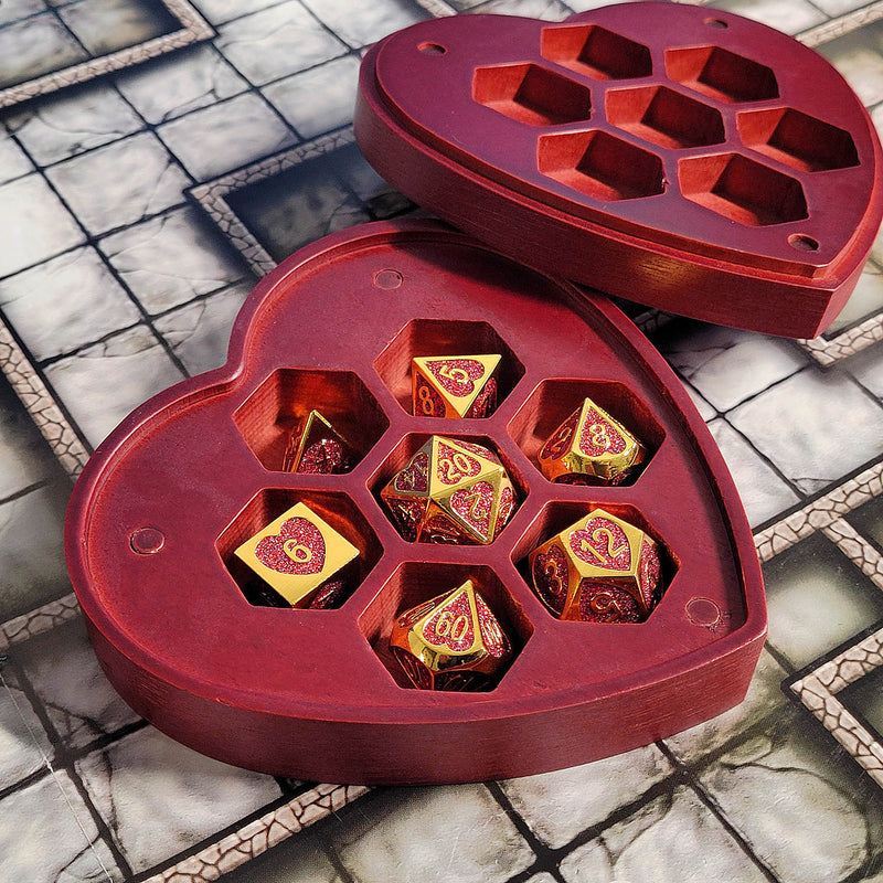 Forged Gaming: Red Heart Wood Dice Box & Metal 7-Die Set - "Fortunate Heart (Gold/Red)" Dice & Gaming Accessories Forged Gaming