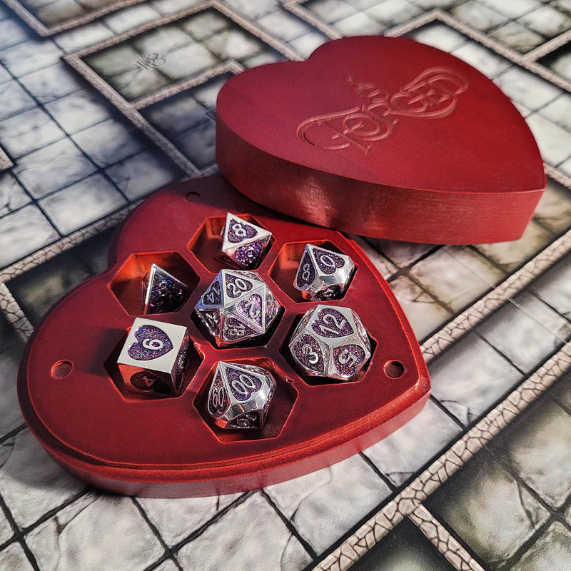 Forged Gaming: Red Heart Wood Dice Box & Metal 7-Die Set - "Soaring Heart (Silver/Purple/Blue)" Dice & Gaming Accessories Forged Gaming