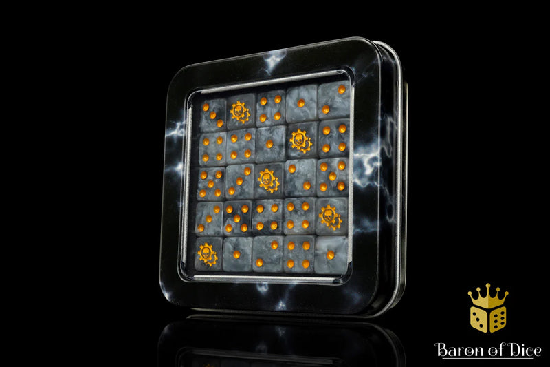 Baron of Dice: "Golden Cog" 25x12mm Square Corner Dice Dice & Gaming Accessories Baron of Dice