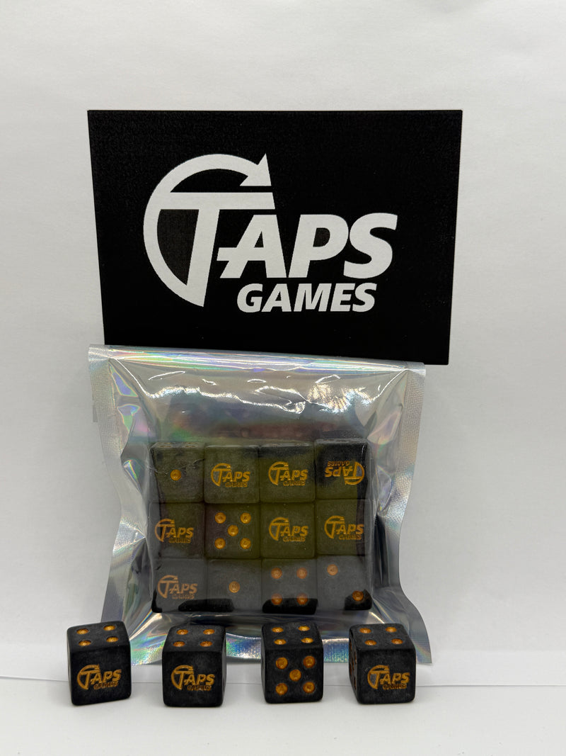 Taps Games 12D6 16mm Dice Set Grey w/ Gold Dice & Gaming Accessories Taps Imports