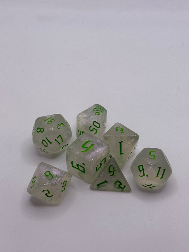 Taps Games: Transparent Sparkle 7-Die Set "Green" Dice & Gaming Accessories Taps Imports
