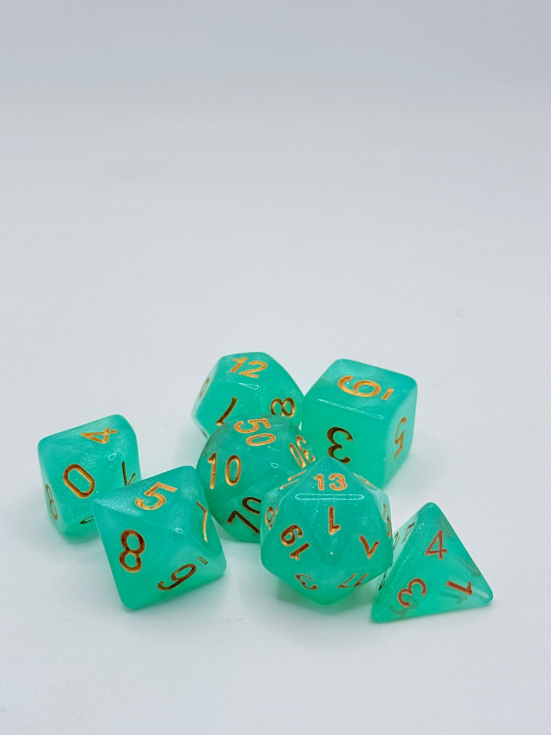 Taps Games: Opaque 7-Die Set Aqua / Gold "Aquamarine" Dice & Gaming Accessories Taps Imports
