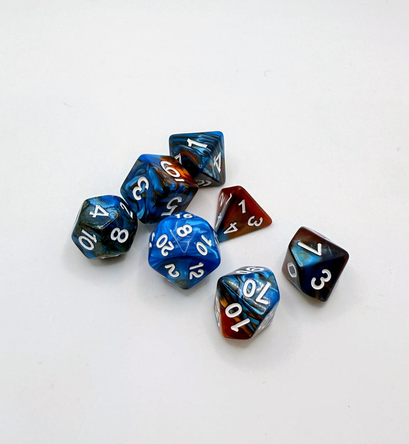Taps Games: Opaque 7-Die Set Blue Copper / White "Storm" Dice & Gaming Accessories Taps Imports