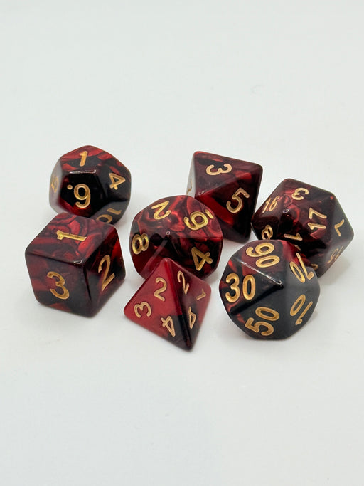 Taps Games: Opaque 7-Die Set Red Black / Gold "Firestorm" Dice & Gaming Accessories Taps Imports