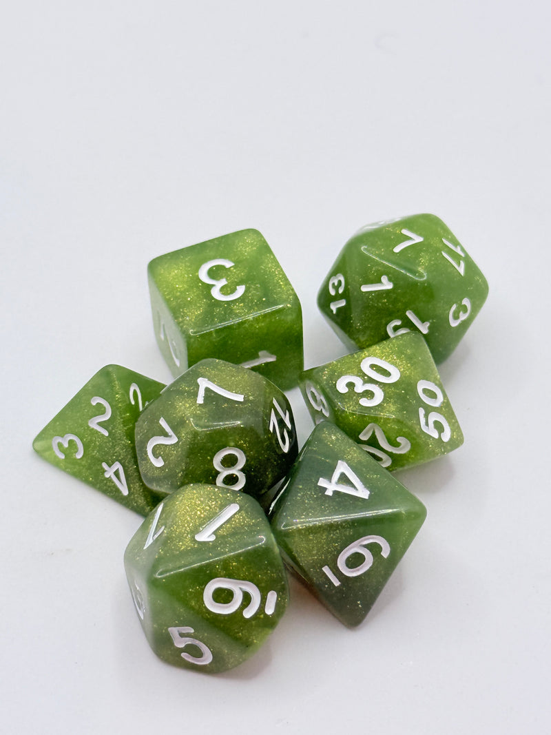 Taps Games: Sparkle 7-Die Set Olive / White "Olive" Dice & Gaming Accessories Taps Imports