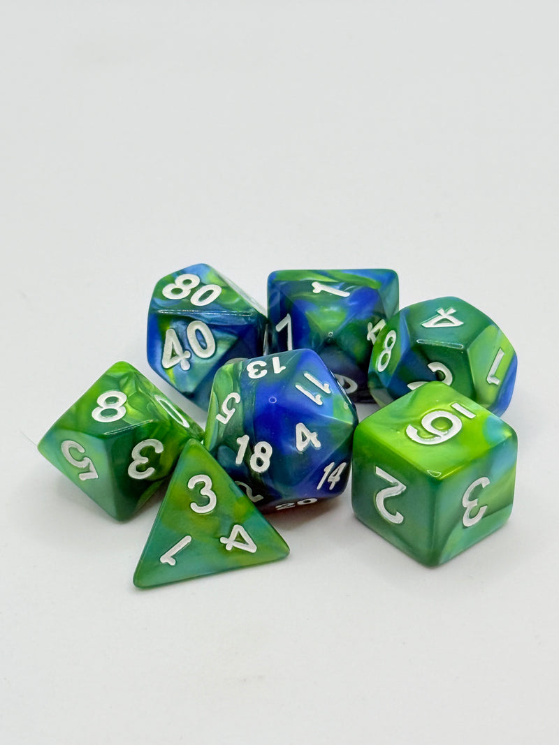 Taps Games: Opaque 7-Die Set Blue Green / White "Lagoon" Dice & Gaming Accessories Taps Imports