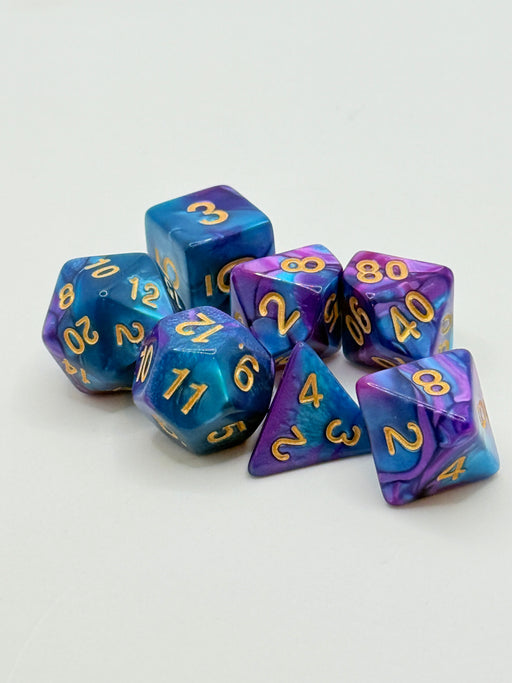 Taps Games: Opaque 7-Die Set Purple Blue / Gold "Cyclone" Dice & Gaming Accessories Taps Imports