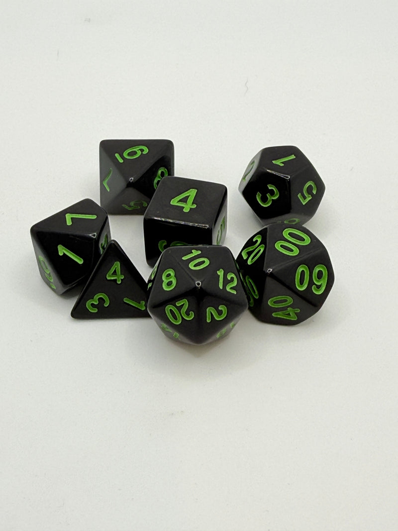 Taps Games: Opaque 7-Die Set Black / Green "Jasper" Dice & Gaming Accessories Taps Imports