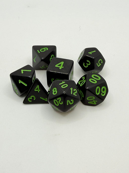 Taps Games: Opaque 7-Die Set Black / Green "Jasper" Dice & Gaming Accessories Taps Imports