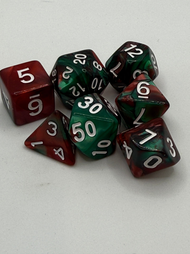 Taps Games: Opaque 7-Die Set Green Red / White "Mossfire" Dice & Gaming Accessories Taps Imports