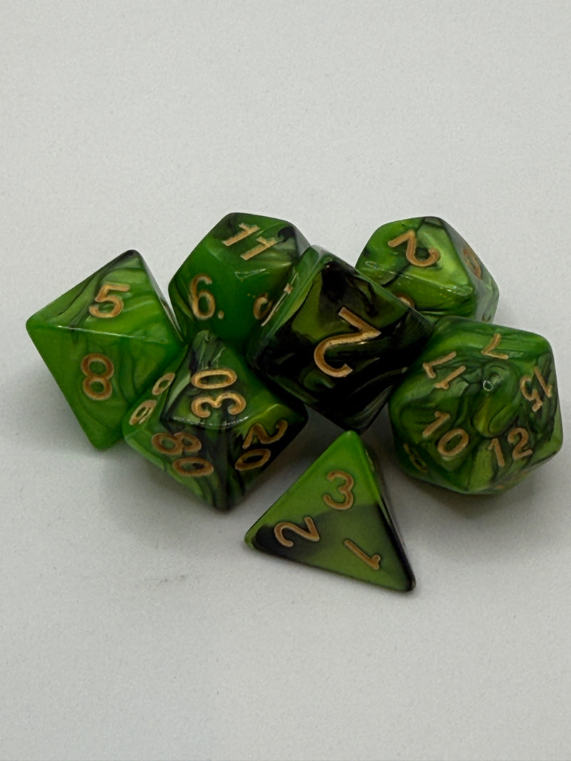 Taps Games: Opaque 7-Die Set Dark Green Light Green / Gold "Smragdine" Dice & Gaming Accessories Taps Imports