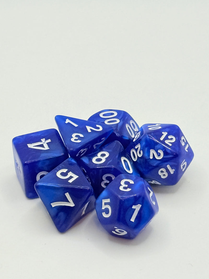 Taps Games: Opaque 7-Die Set Blue / White "Sapphire II" Dice & Gaming Accessories Taps Imports