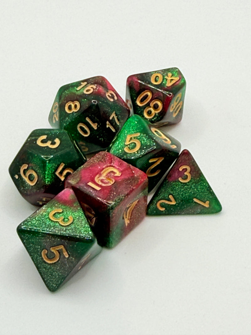 Taps Games: Sparkle 7-Die Set Green Red / White "Mossfire" Dice & Gaming Accessories Taps Imports