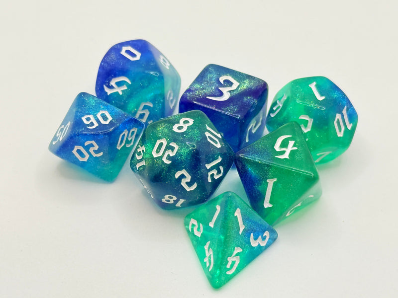 Taps Games: Sparkles 7-Die Set Blue Green / White "Rain" Dice & Gaming Accessories Taps Imports