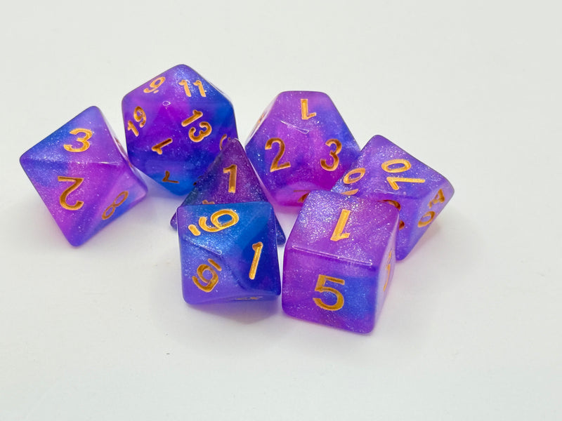Taps Games: Sparkles 7-Die Set Purple Blue / Gold "Cyclone" Dice & Gaming Accessories Taps Imports