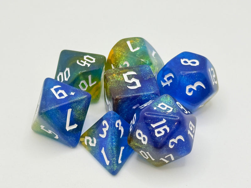 Taps Games: Sparkles 7-Die Set Blue Green / White "Lagoon" Dice & Gaming Accessories Taps Imports