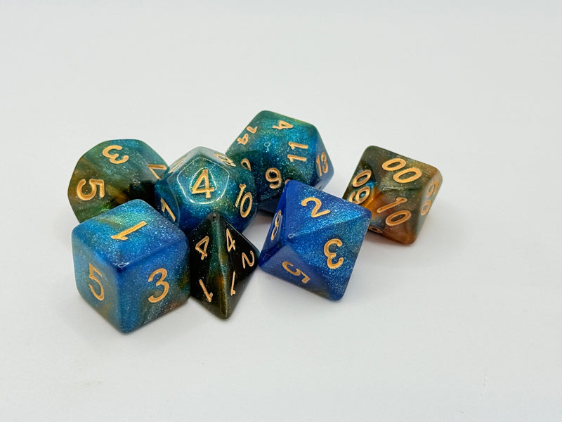Taps Games: Sparkles 7-Die Set Blue Yellow / Gold " Turquoise" Dice & Gaming Accessories Taps Imports