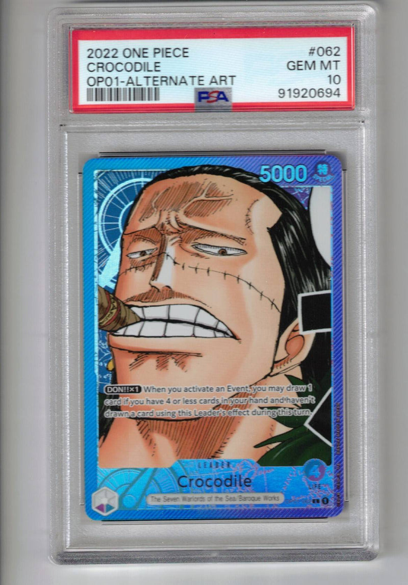 Crocodile (Alternate Art) [Romance Dawn] - Scan: PSA GEM MT 10 (LB-114) One Piece Single - High End and Graded Bandai