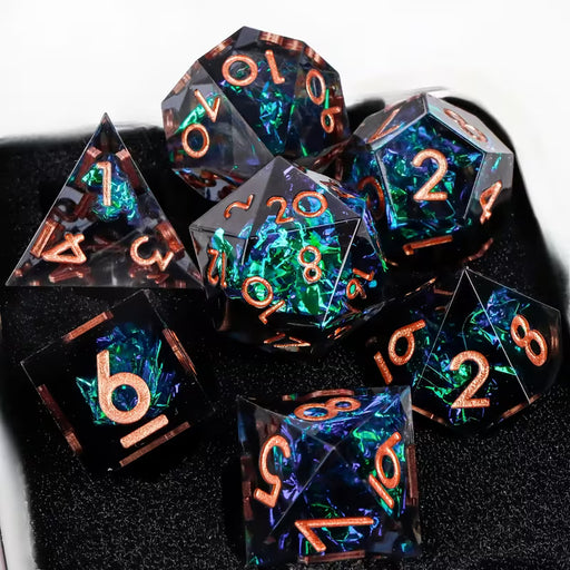Seriously Good Dice: Sharp-Edged Resin 7 Die Set Light Black w/ Gold Dice & Gaming Accessories Taps Imports