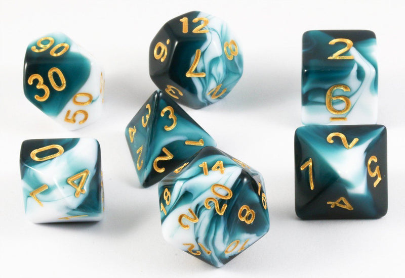 Taps Games: Resin Dice White/Lake Teal with Gold 7-Die Set Dice & Gaming Accessories Taps Imports