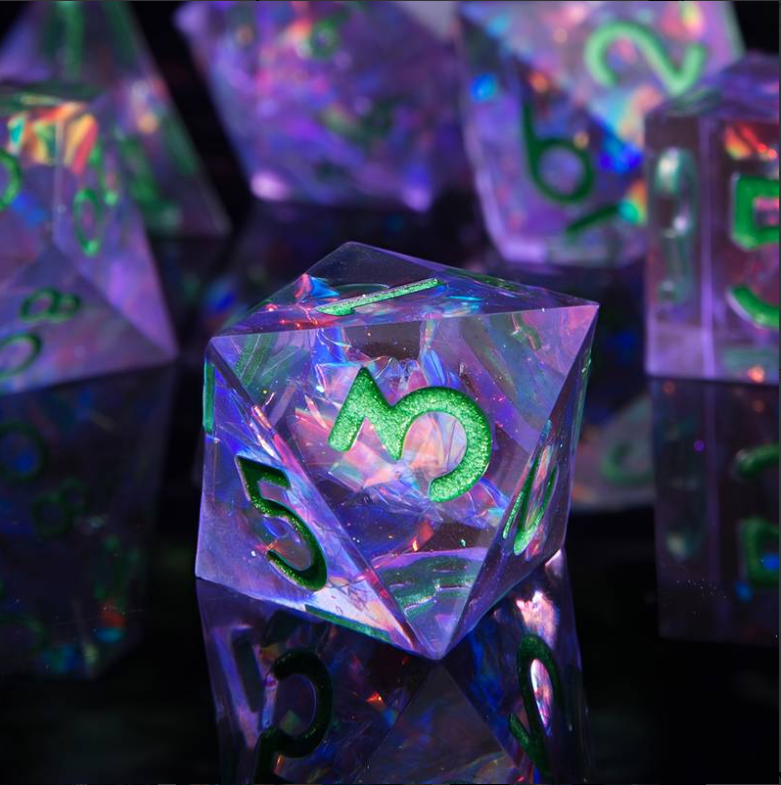 Seriously Good Dice: 7 Die Set "Floating Foil" Purple w/ Green Dice & Counters Taps Imports   