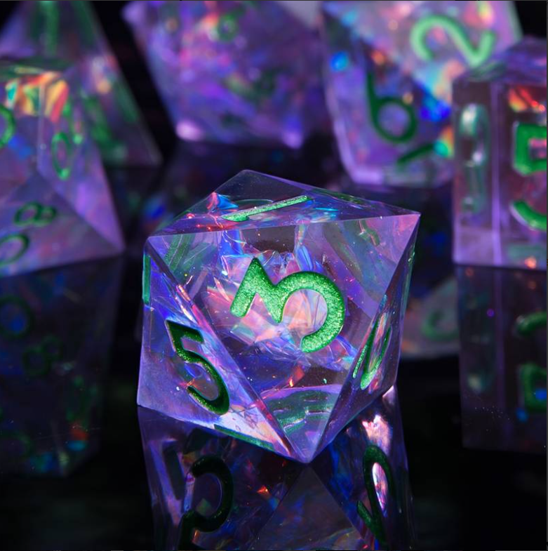 Seriously Good Dice: 7 Die Set "Floating Foil" Purple w/ Green Dice & Gaming Accessories Taps Imports