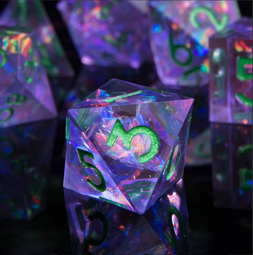 Seriously Good Dice: 7 Die Set "Floating Foil" Purple w/ Green Dice & Gaming Accessories Taps Imports