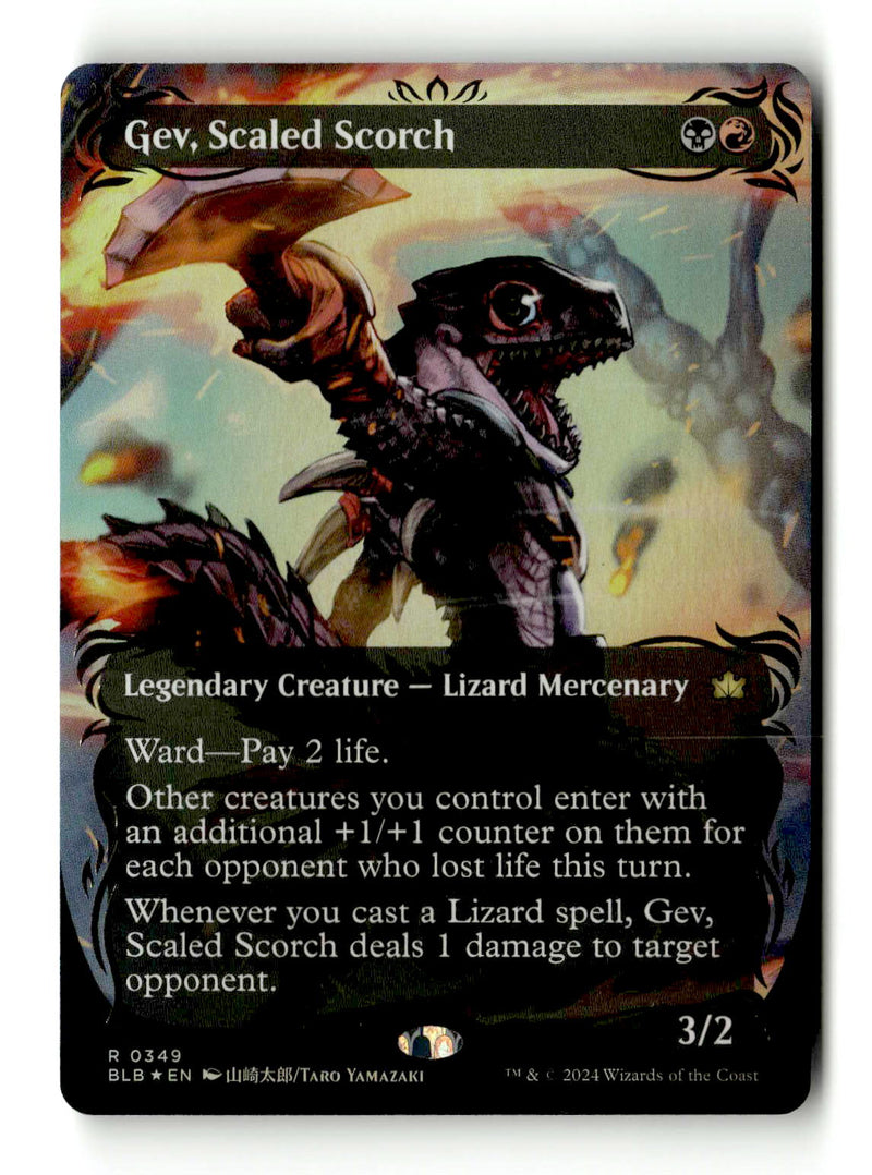 Gev, Scaled Scorch (Raised Foil) (BLB-349) [Bloomburrow] (Showcase) (Borderless) Foil (TGS00393) (Scan) High End MTG Single Wizards of the Coast