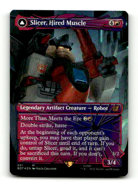 Slicer, Hired Muscle (Shattered Glass) (BOT-021) [Transformers] (shatteredglass, convertdfc) (Borderless) Foil (TGS00402) (Scan) High End MTG Single Wizards of the Coast
