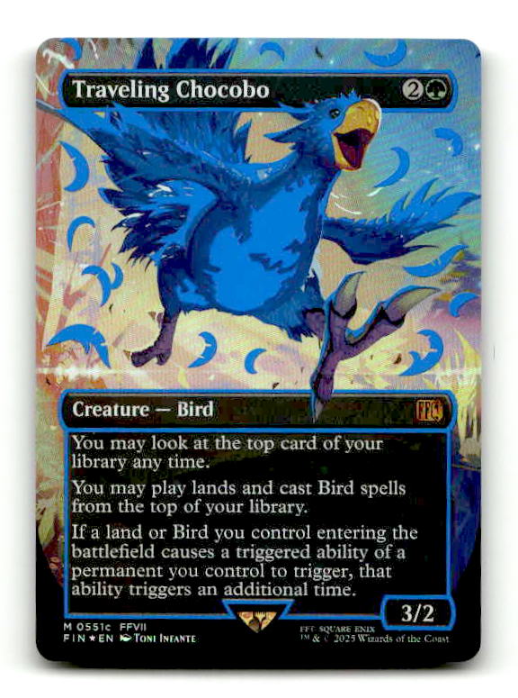 Traveling Chocobo (Borderless) (Neon Ink Blue) (FIN-551C) [FINAL FANTASY] Foil (TGS00406) (Scan) High End MTG Single Wizards of the Coast