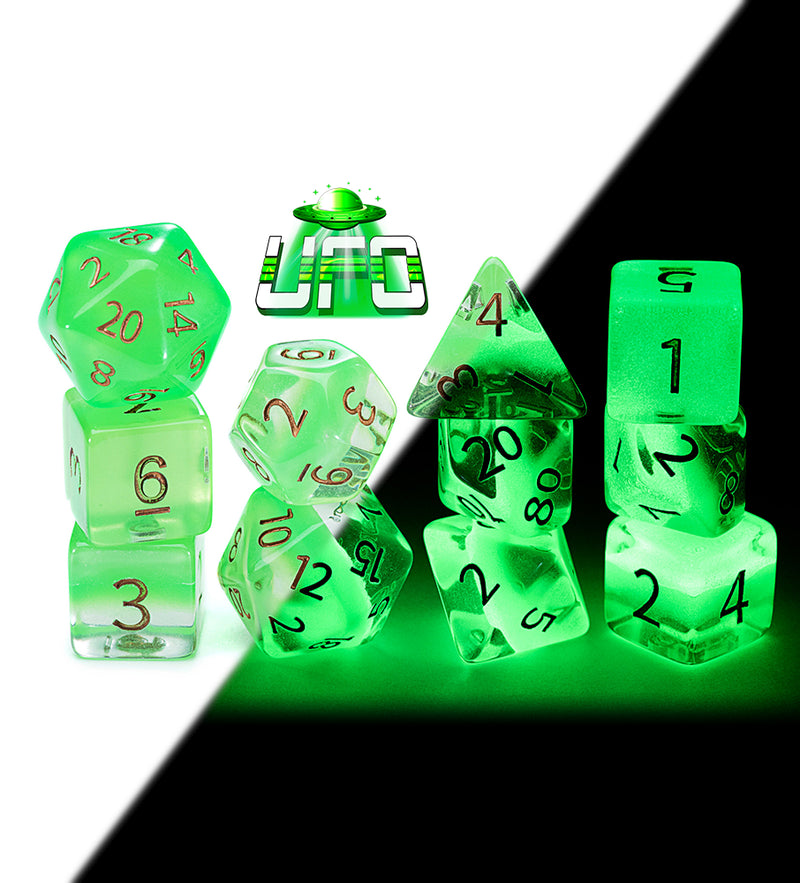Gate Keeper Games: “UFO” Radiant Dice 7-Die Set (Glow-in-the-Dark) Dice & Gaming Accessories Gate Keeper Games