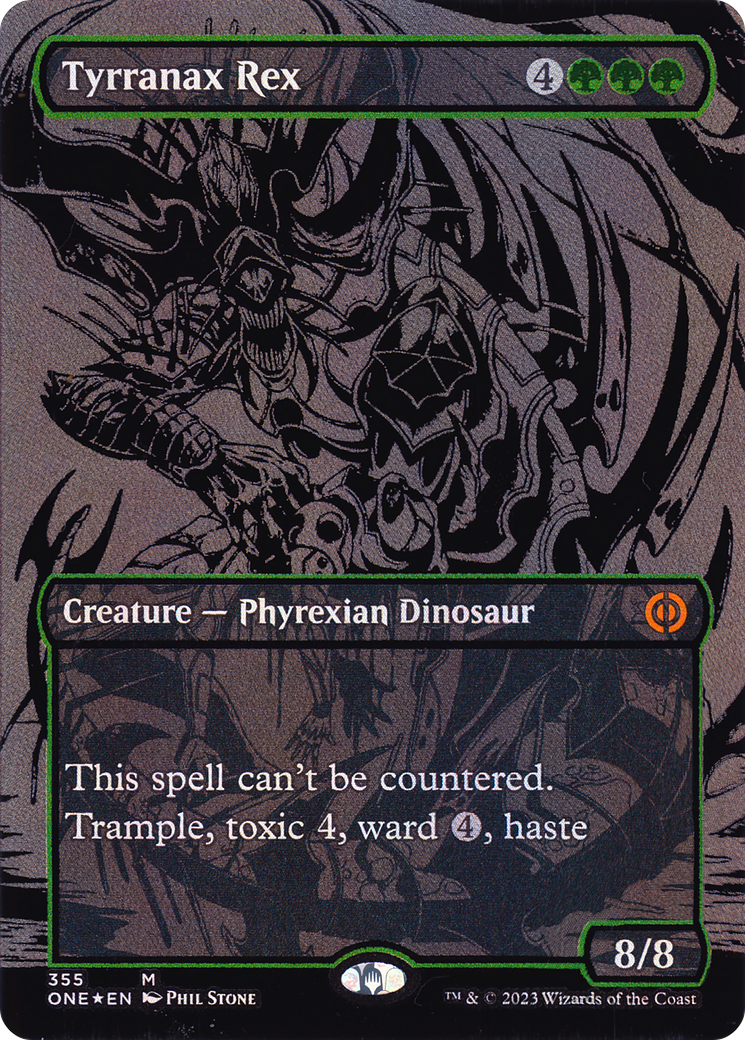 Tyrranax Rex (Oil Slick Raised Foil) (ONE-355) [Phyrexia: All Will Be One] (Borderless) Foil MTG Single Wizards of the Coast