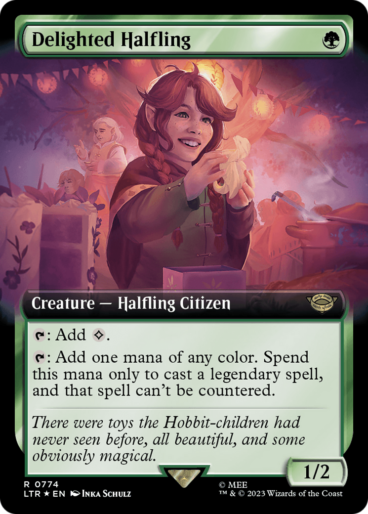 Delighted Halfling (Surge Foil) (LTR-774) [The Lord of the Rings: Tales of Middle-earth] (Extended Art) Foil MTG Single Wizards of the Coast