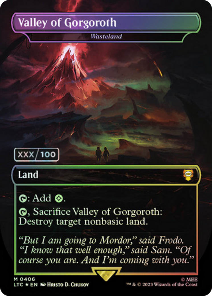 Valley of Gorgoroth - Wasteland (Serial Numbered) (LTC-406) [Tales of Middle-earth Commander] (Borderless) Foil MTG Single Wizards of the Coast