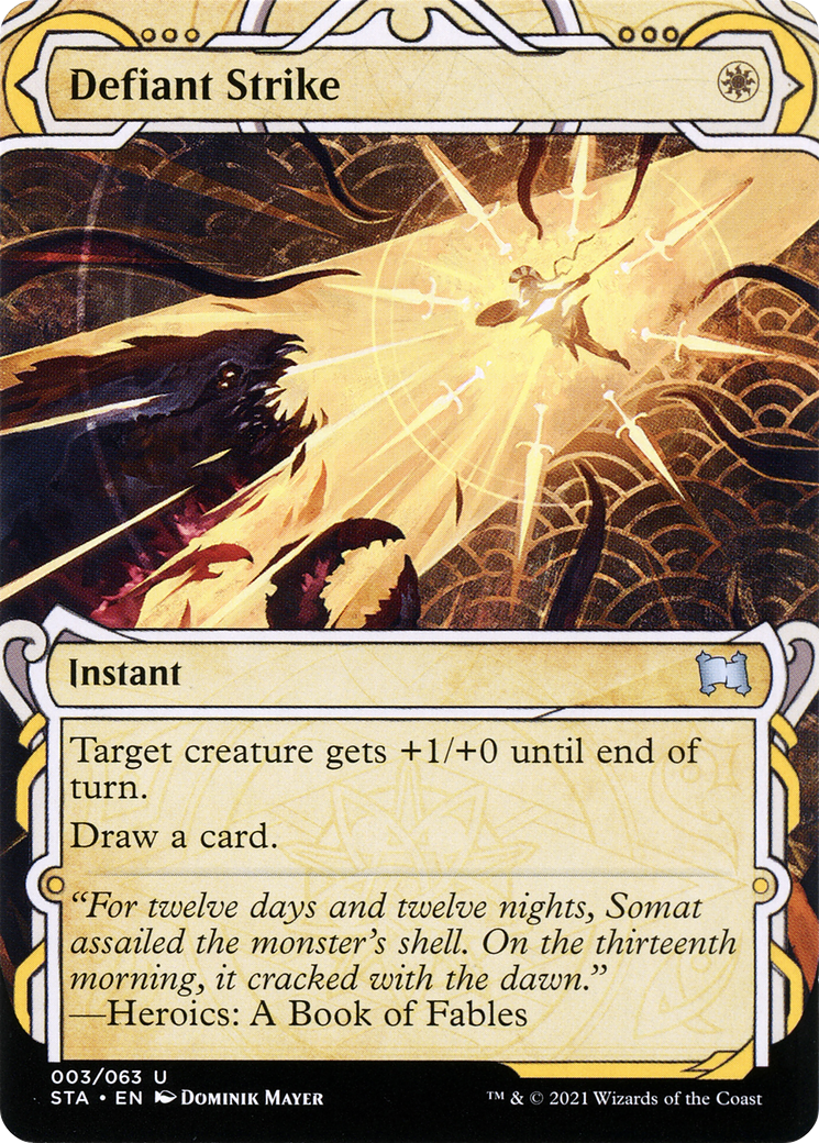 Defiant Strike (STA-003) [Strixhaven Mystical Archive] (Showcase) (Borderless) Etched Foil MTG Single Wizards of the Coast