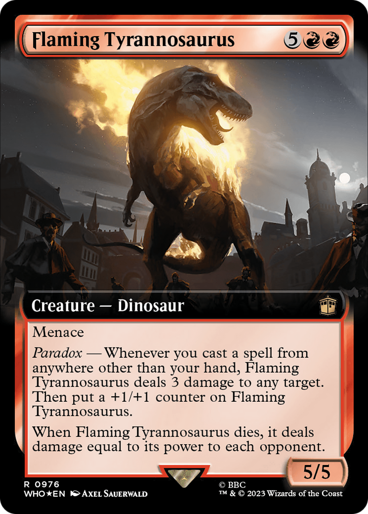 Flaming Tyrannosaurus (Surge Foil) (WHO-976) [Doctor Who] (Extended Art) Foil MTG Single Wizards of the Coast