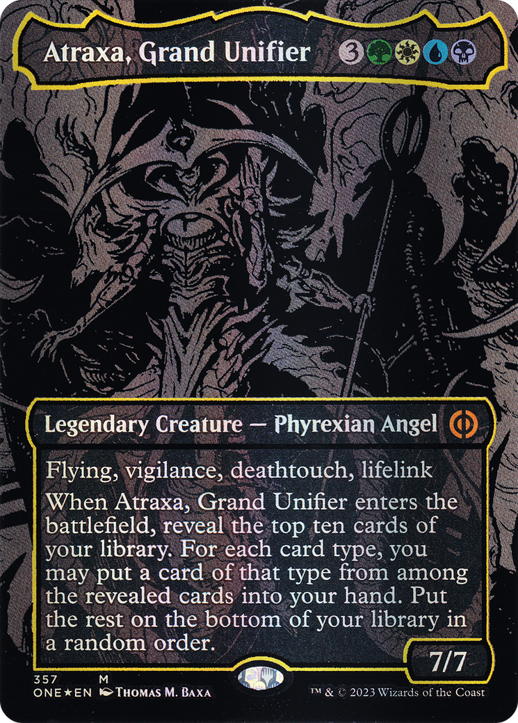 Atraxa, Grand Unifier (Oil Slick Raised Foil) (ONE-357) [Phyrexia: All Will Be One] (Borderless) Foil MTG Single Wizards of the Coast