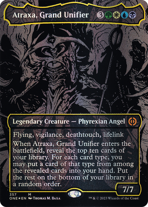 Atraxa, Grand Unifier (Oil Slick Raised Foil) (ONE-357) [Phyrexia: All Will Be One] (Borderless) Foil MTG Single Wizards of the Coast
