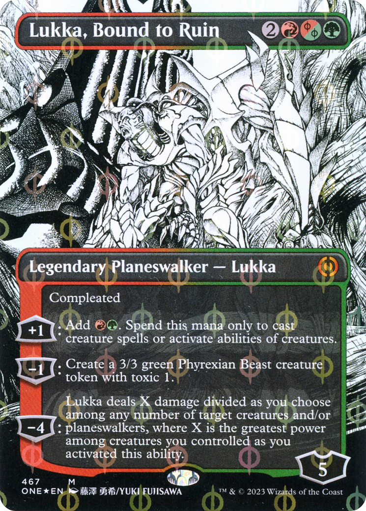 Lukka, Bound to Ruin (Step-And-Compleat Foil) (ONE-467) [Phyrexia: All Will Be One] (Showcase) (Borderless) Foil MTG Single Wizards of the Coast