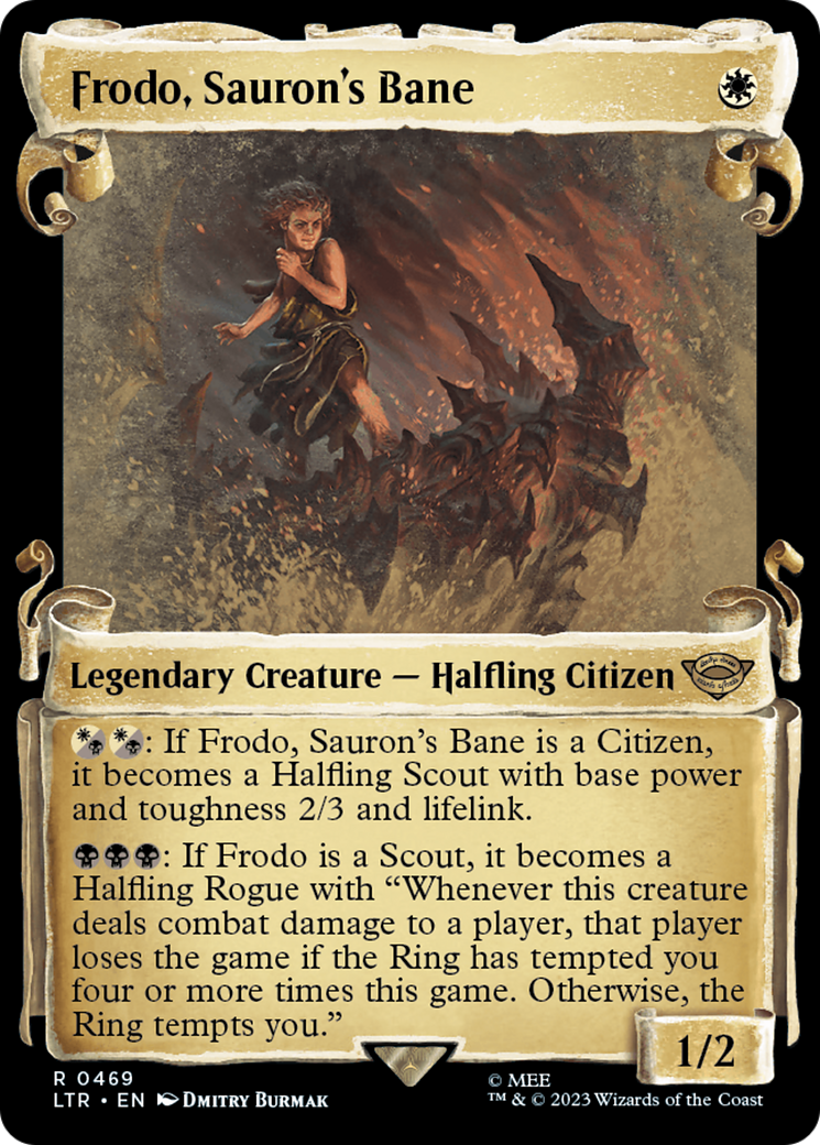 Frodo, Sauron's Bane (Showcase Scrolls) (LTR-469) [The Lord of the Rings: Tales of Middle-earth] (Showcase) Foil MTG Single Wizards of the Coast