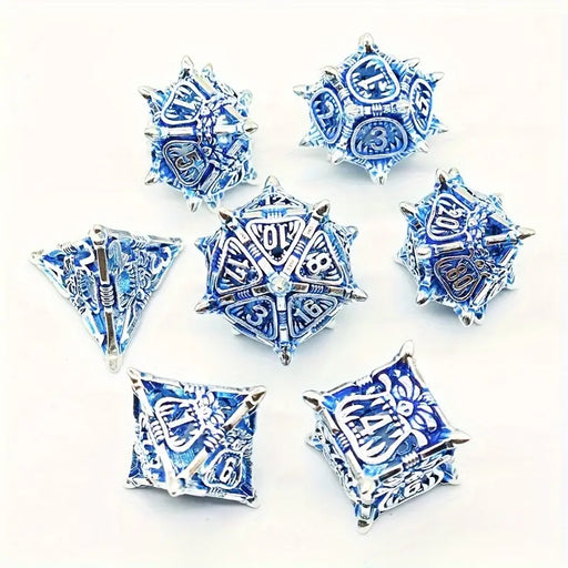 Seriously Good Dice: Hollow Metal 7 Die Set "Silver & Blue Spiked Maw" Dice & Gaming Accessories Taps Imports
